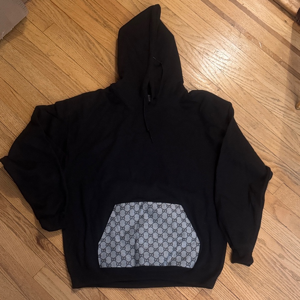 Black Hoodie with GG Patterned Pocket unisex